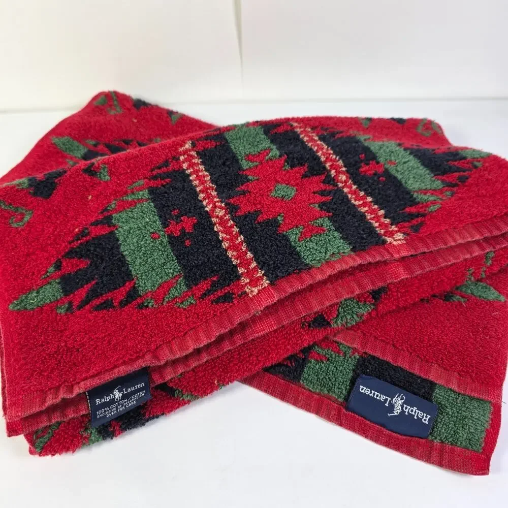 RALPH LAUREN Vintage 90s Southwest Tribal Aztec Cotton Bath/HandTowels Set 2